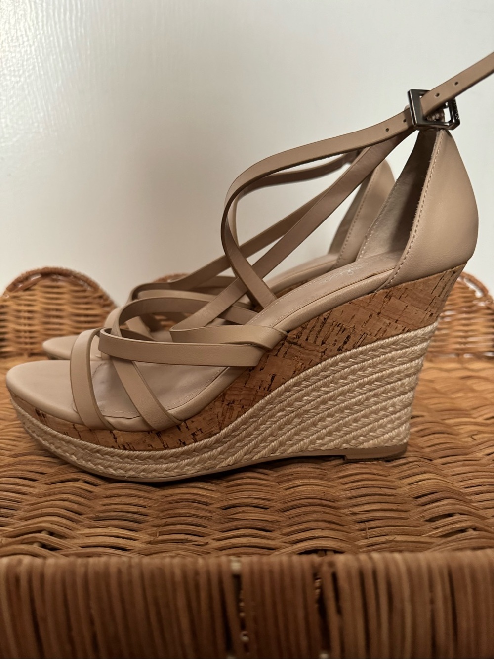 Charles By Charles David Neutral Beige Strappy Cork Espadrille Wedges